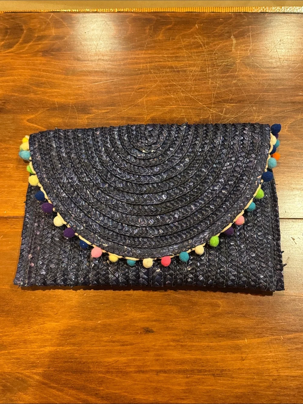Shiraleah Woven Straw Purse Colorful Pom Detail Clutch Lined Pocket Casual Navy